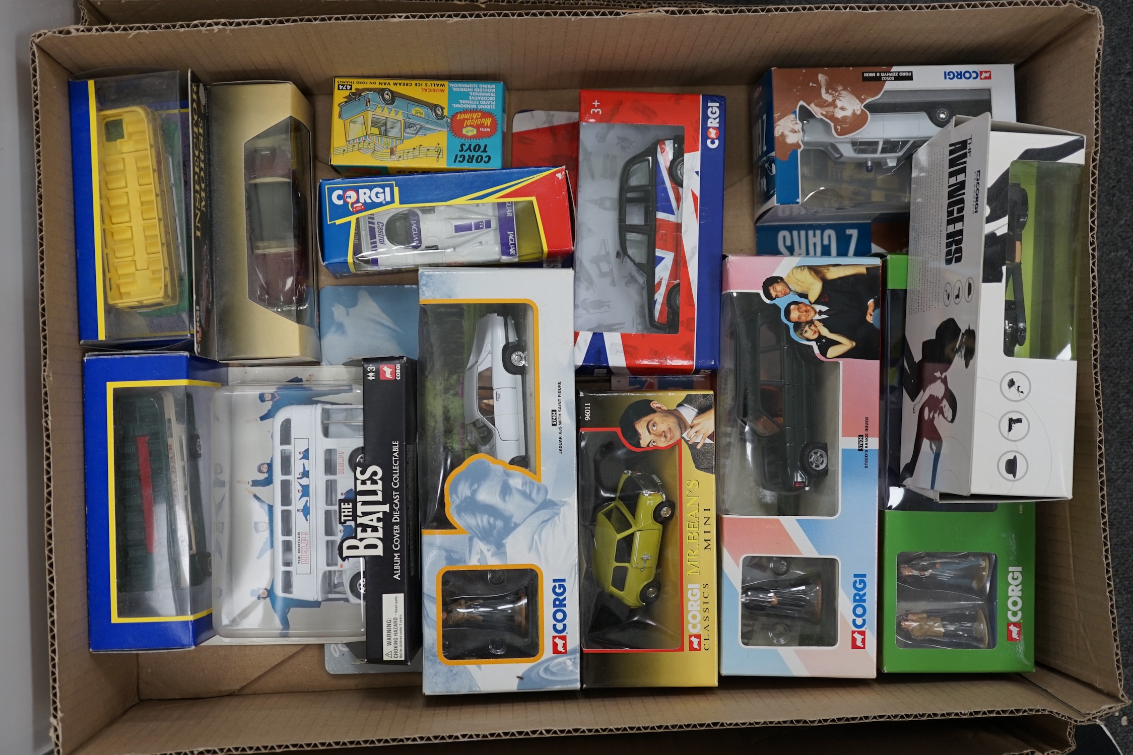 Eighteen boxed Corgi Diecast vehicles, including several TV and film related examples; The Beatles, the Sweeney, the saint, the professionals, The Avengers, Inspector Morse, etc.